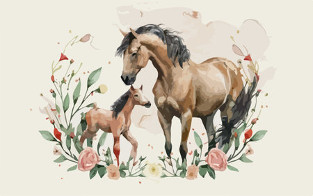 Hand drawn watercolor illustration of a pair of horses and flowers.のイラスト素材
