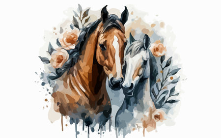 Watercolor painting of a horse with flowers, hand drawn vector illustrationのイラスト素材
