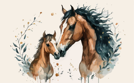 Two beautiful horses with long mane and mane. Watercolor illustrationのイラスト素材