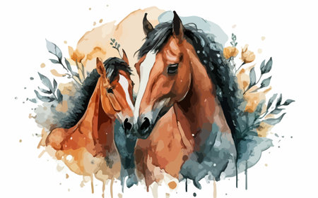 Horses, watercolor painting on white background. Vector illustration.のイラスト素材