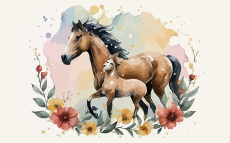 Hand drawn watercolor illustration of a pair of horses and flowers.のイラスト素材