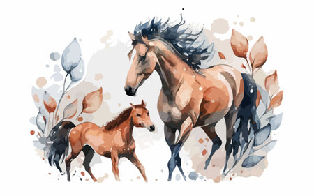 Horses with foals, hand drawn watercolor vector illustration.のイラスト素材