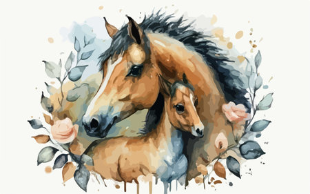 Watercolor portrait of a mare with her foal. Vector illustrationのイラスト素材