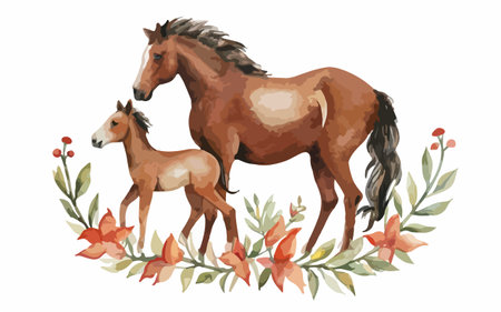 Horse and foal with floral wreath. Vector illustration.のイラスト素材