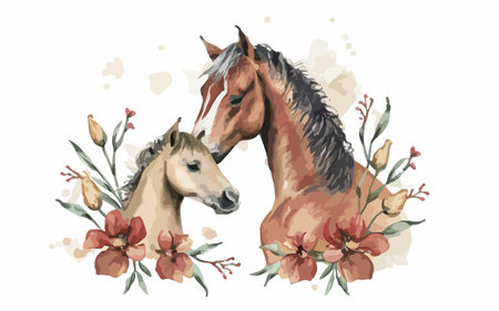 Watercolor vector illustration of a pair of horses with red flowers.のイラスト素材