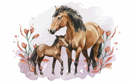 Horse and foal. Watercolor hand drawn vector illustration.のイラスト素材