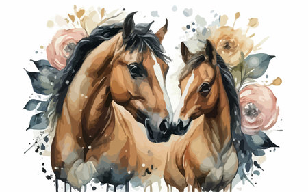 Two horses with flowers. Hand drawn watercolor illustration on white backgroundのイラスト素材