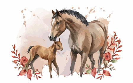 Watercolor hand drawn vector illustration of two horses and a foalのイラスト素材