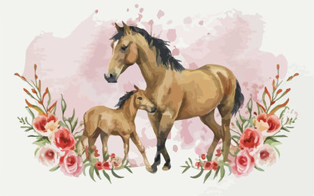 Illustration of a horse and a foal with a bouquet of flowersのイラスト素材