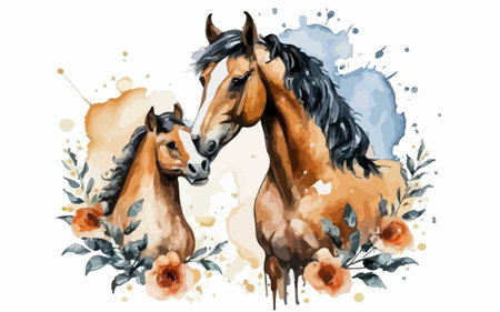 Two horses with flowers. Hand drawn watercolor illustration on white backgroundのイラスト素材
