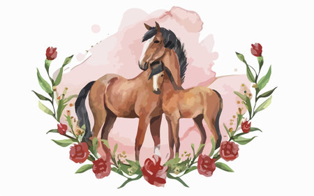 Hand drawn vector illustration of a horse and a foal with flowersのイラスト素材
