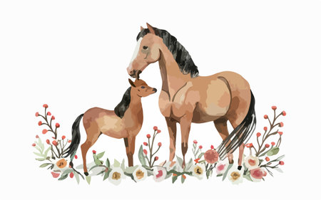 Watercolor hand drawn vector illustration of a pair of horses, mother and baby.のイラスト素材