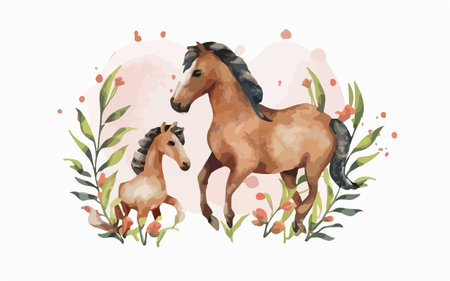 Watercolor hand drawn vector illustration of a horse and a foal.のイラスト素材
