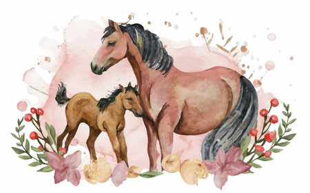 Beautiful watercolor illustration with horses and flowers on a white backgroundのイラスト素材