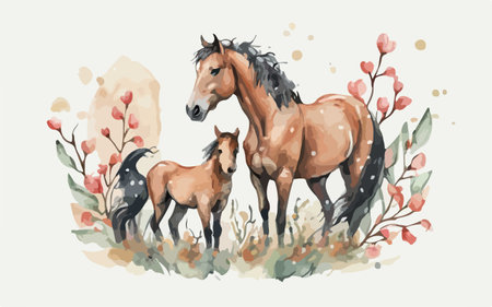 Hand drawn watercolor illustration of a pair of horses and flowers.のイラスト素材