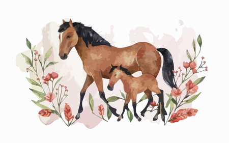 Watercolor hand drawn illustration of a mare with her foalのイラスト素材