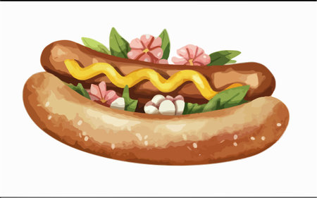 Illustration of hot dog with mustard and ketchup on white backgroundのイラスト素材