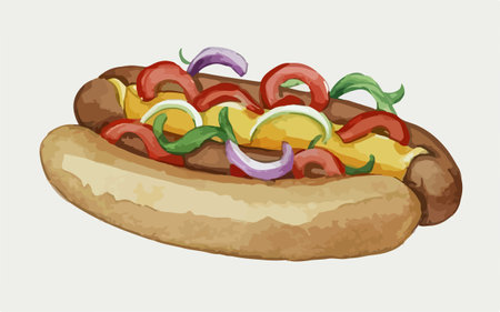 Hot dog with vegetables. Vector illustration of a hot dog with vegetables.のイラスト素材