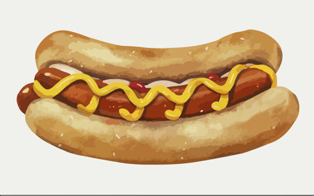 Illustration of hot dog with mustard and ketchup on white backgroundのイラスト素材