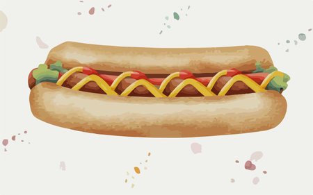 Illustration of a hot dog with mustard and ketchup on a white backgroundのイラスト素材