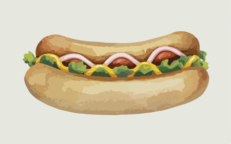 Illustration of a hot dog with mustard, lettuce, tomato and ketchupのイラスト素材