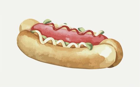 Illustration of hot dog with ketchup and mustard on white backgroundのイラスト素材
