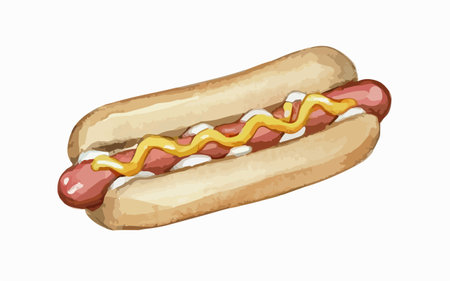 Hot dog with mustard and ketchup. Vector illustration on white background.のイラスト素材