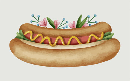 Hot dog with mustard, ketchupnnaise and herbs. Vector illustration.のイラスト素材