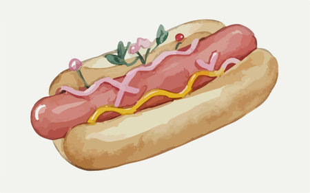 Illustration of a hot dog with mustard, ketchup and herbsのイラスト素材