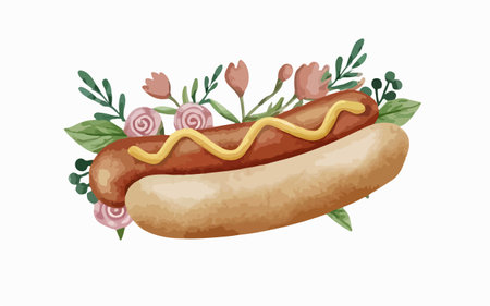 Illustration of hot dog with mustard and flowers on a white backgroundのイラスト素材