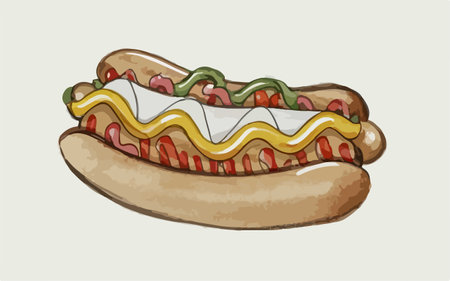 Illustration of hot dog with mustard, ketchup and mayonnaiseのイラスト素材