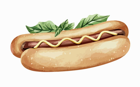 Hot dog with mustard, ketchup and basil. Vector illustration.のイラスト素材