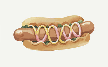 Illustration of a hot dog with mustard and ketchup on a white backgroundのイラスト素材
