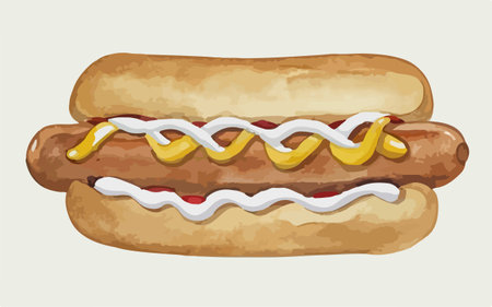 Illustration of hot dog with mustard and ketchup on a white backgroundのイラスト素材