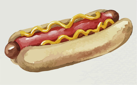 Illustration of a hot dog with mustard and ketchup on a white backgroundのイラスト素材