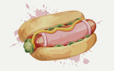 Hot dog with mustard and ketchup on a white background. Vector illustrationのイラスト素材