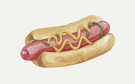 Illustration of hot dog with mustard and ketchup on white backgroundのイラスト素材