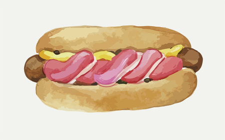 Illustration of a hot dog with mustard and pickles on a white backgroundのイラスト素材