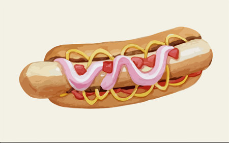 Hot dog with mustard, ketchup and mayonnaise, vector illustrationのイラスト素材