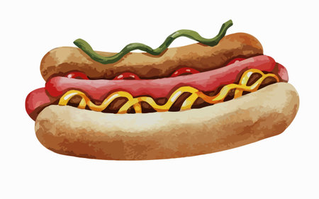 Hot dog with mustard, ketchup and mayonnaise. Vector illustration.のイラスト素材