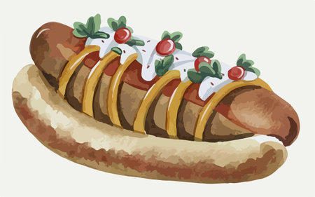 Illustration of a hot dog with cream sauce and garnish.のイラスト素材