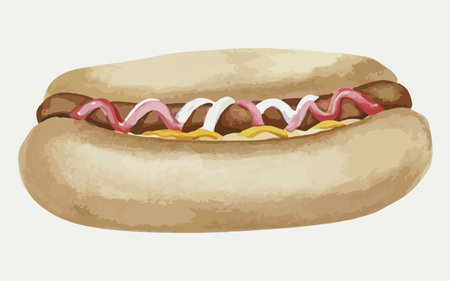 Illustration of a hot dog with mustard, ketchup and mayonnaiseのイラスト素材