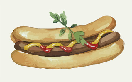 Illustration of hot dog with ketchup, mustard and arugulaのイラスト素材