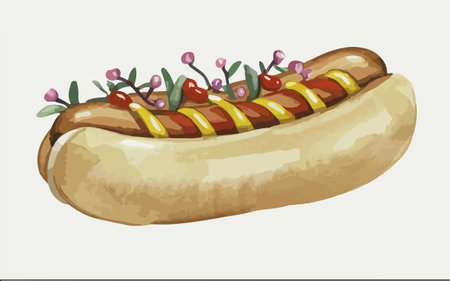 Illustration of hot dog with mustard, ketchup and mayonnaiseのイラスト素材