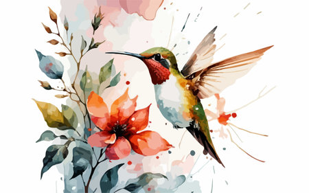Hummingbird with flowers. Watercolor illustration in vector format.のイラスト素材