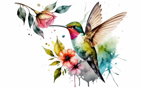 Watercolor hummingbird with flowers and leaves. Hand drawn vector illustration.のイラスト素材