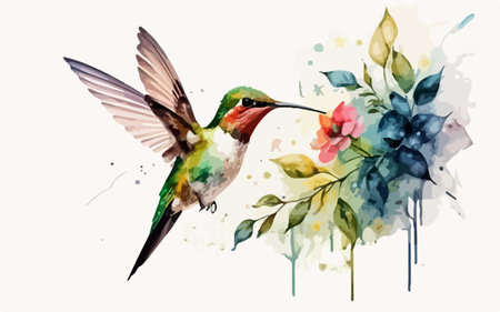 Hummingbird with flowers. Watercolor illustration on white background.のイラスト素材