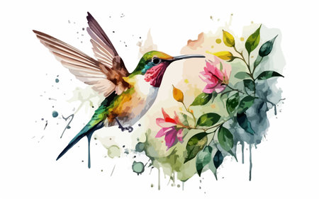 Hummingbird with flowers. Watercolor illustration. Isolated on white background.のイラスト素材