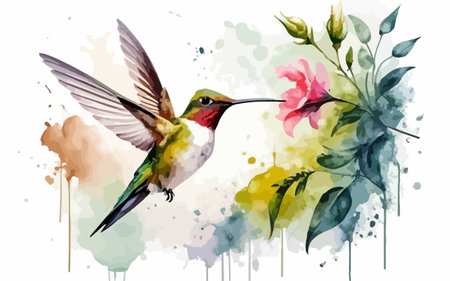 Hummingbird with flower on watercolor background. Vector illustration.のイラスト素材