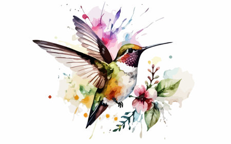 Watercolor hummingbird with flowers and blots. Vector illustration.のイラスト素材